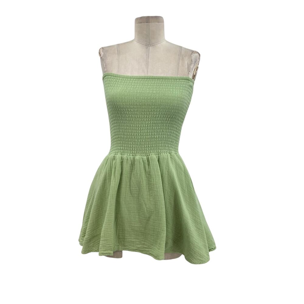 Sundays Micro Mini Dress Strapless Smocked Cotton Gauze Green Size Small
